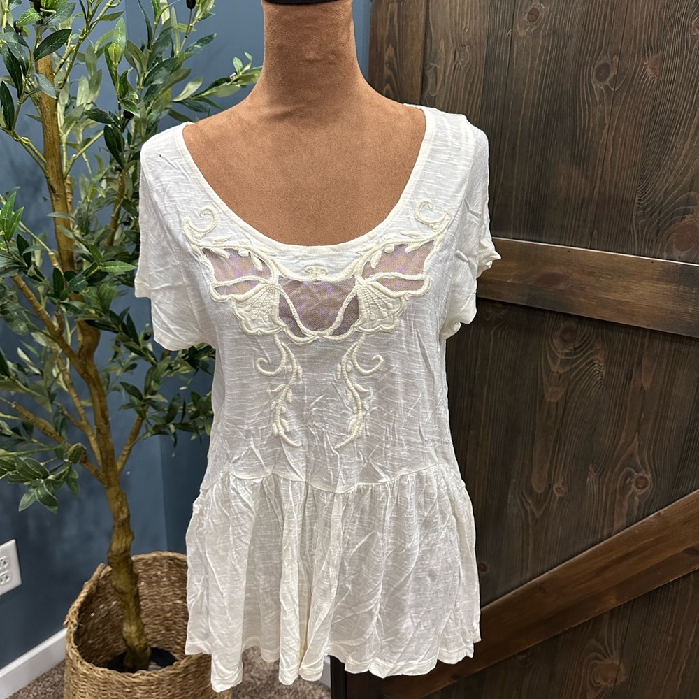 Free People Cream Embroidered Blouse